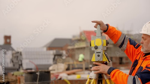 Surveyor measures land at a construction site in an urban area with specialized equipment in the morning light