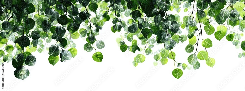 Fototapeta premium Fresh green foliage cascading downward against a white background