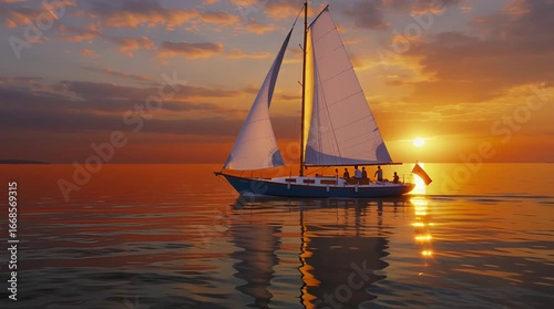 Sailboat Sailing at Sunset: Tranquil Ocean Scene with Golden Light Reflections - Nautical Adventure & Peaceful Seascape Photography