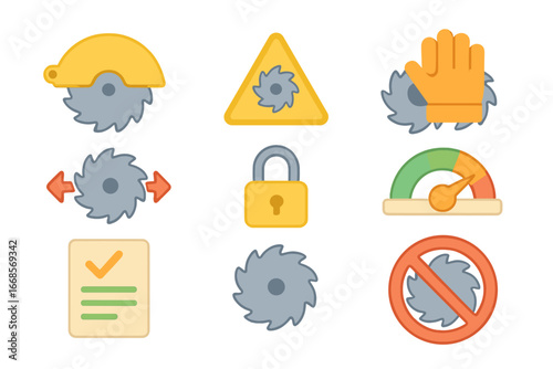 Saw Safety Icons. Flat vector mini-illustrations saw blades safety in colors children's illustrations: blade guard, warning sign,