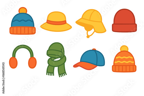 Seasonal Children's Hats. Flat vector mini-illustrations seasonal hats in colors children's illustrations: winter beanie, sun hat,