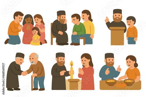 Spiritual Community Illustrations. Flat vector mini-illustrations Spiritual father and community in colors children's