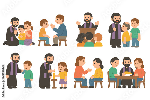 Spiritual Community Illustrations. Flat vector mini-illustrations Spiritual father and community in colors children's