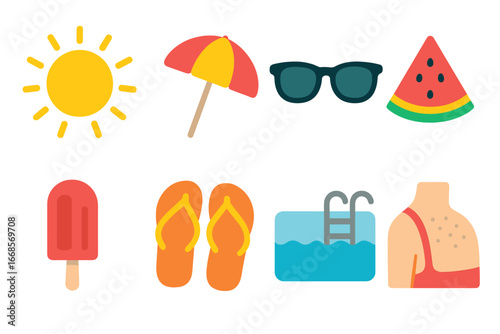 Summer Fun Icons. Flat vector mini-illustrations heat and summer in colors children's illustrations: sun with rays, beach umbrella
