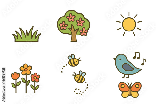 Sunny Nature Icons. Flat vector mini-illustrations fresh outdoor in colors children's illustrations: green grass, blooming trees,