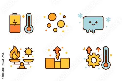 Thermodynamics Illustrated for Kids. Flat vector mini-illustrations thermodynamics laws in colors children's illustrations: first