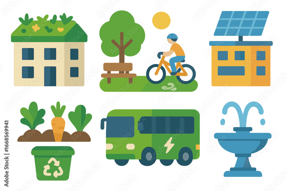 Obraz premium Urban Eco Icons. Flat vector mini-illustrations urban sustainability in colors children's illustrations: green roof, public park,