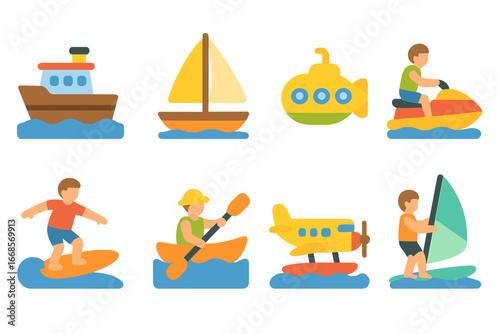 Transport Water Adventures. Flat vector mini-illustrations currents in transport in colors children's illustrations: river boat,