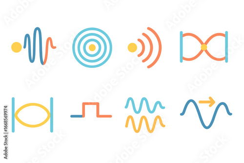 Vibrant Sound Waves. Flat vector mini-illustrations resonance and waves in colors children's illustrations: sound waves, ripple