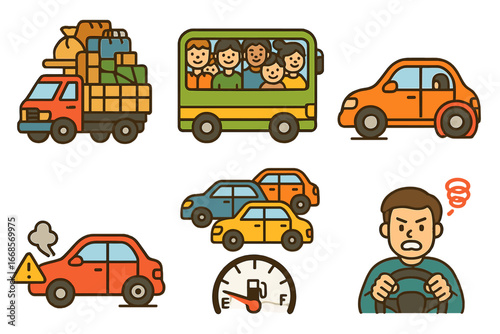 Vehicle Overload Icons. Flat vector mini-illustrations vehicle overload in colors children's illustrations: overloaded truck,