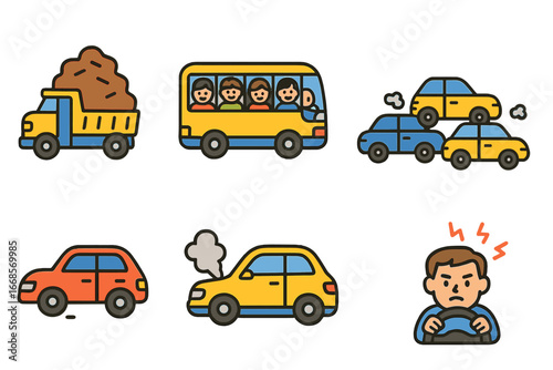 Vehicle Overload Icons. Flat vector mini-illustrations vehicle overload in colors children's illustrations: overloaded truck,