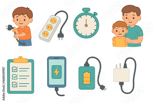 Unplugging Habits Illustrations. Flat vector mini-illustrations unplugging habits in colors children's illustrations: child