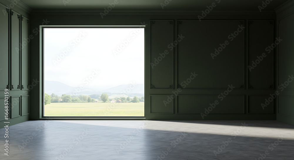Fototapeta premium Elegant empty room with dark green classic walls and a large window showcasing a bright natural landscape
