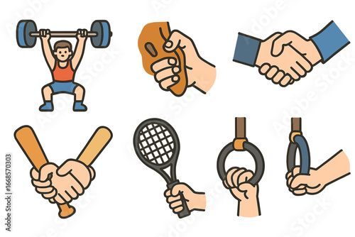 Youth Sports Grips. Flat vector mini-illustrations iron grip sports in colors children's illustrations: weightlifter gripping bar,