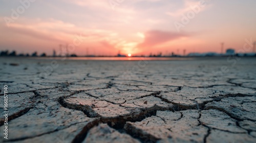Cracked earth, dried land reflects soft sunset light over distant industrial horizon
