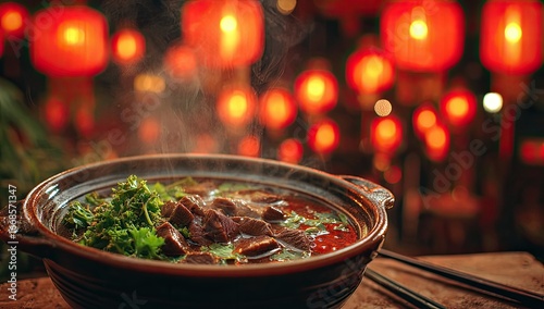 Steaming hot pot, red lanterns