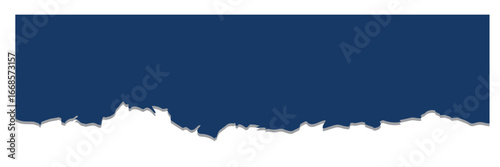 Navy blue torn paper edge isolated on white. Ripped navy blue paper strip with rough jagged edge perfect for design, texture, creative layout elements.  message label, banner, collage and text box. 

