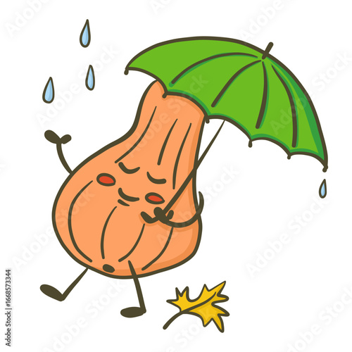 Cute hand drawn pumpkin character holding umbrella under raindrops. Concept of autumn season, cozy mood and weather protection