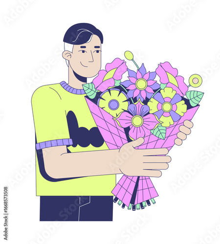 Smiling caucasian man holding flower bouquet 2D cartoon character. Special occasion. European male florist carrying floral arrangement flat vector person isolated on white. Spot illustration colorful