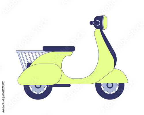 Modern yellow scooter with rear basket 2D cartoon object. Urban eco transport. Courier service. Everyday mobility. Moped vehicle isolated element flat vector clip art on white. Spot illustration