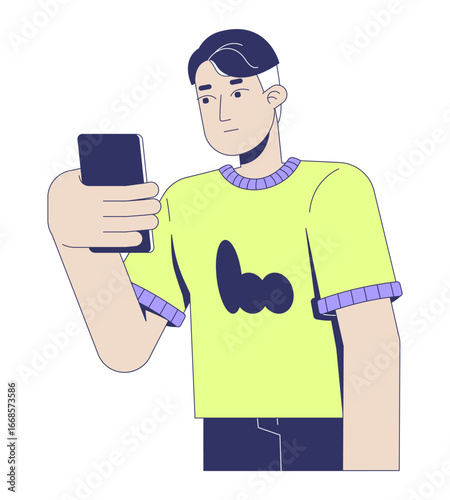 Focused caucasian man reading message on smartphone screen 2D cartoon character. Daily routine. Male concentrated stare, phone browsing flat vector person isolated on white. Spot illustration colorful