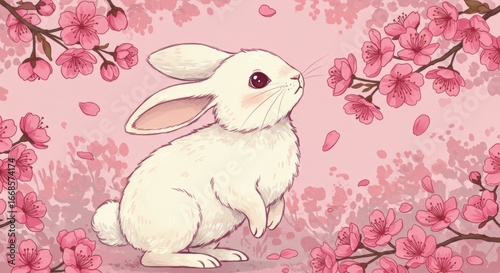 Delicate Bunny Illustration with Pink Blossoms in a Springtime Dreamscape