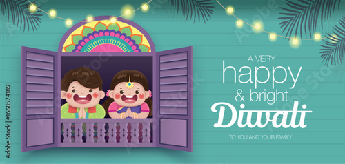 Happy Diwali poster with a cute little Indian girl celebrating Diwali festival.
