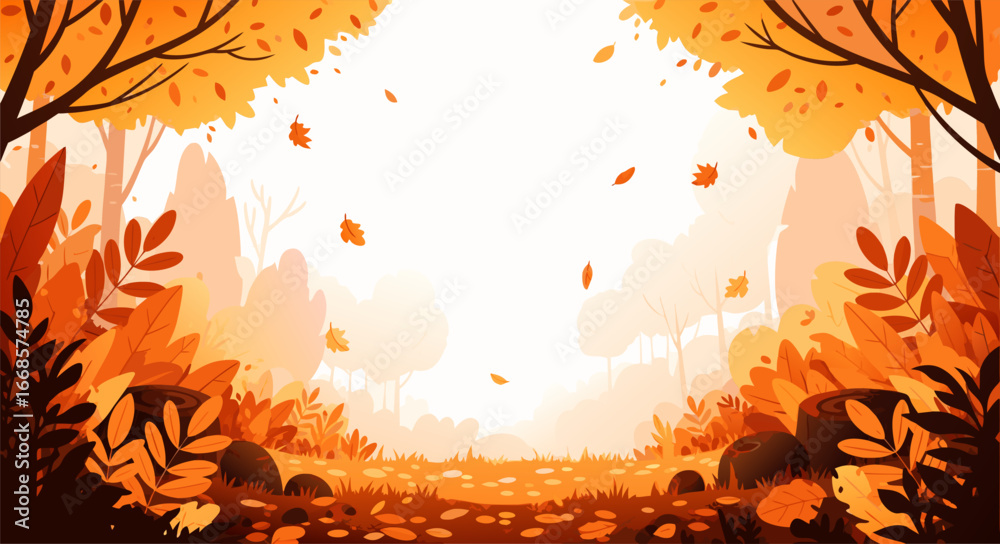 Scenic autumn forest path with falling orange leaves, a beautiful vector illustration for a fall season background