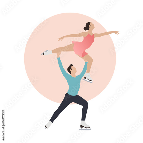 Male figure skater lifting female partner in elegant performance