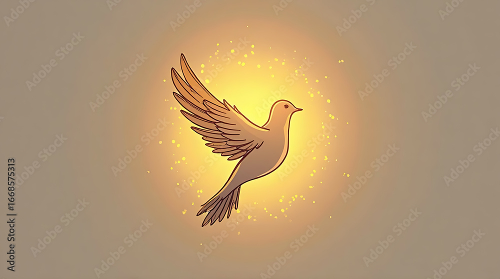Obraz premium Illustration of a Glowing Bird with Outstretched Wings in Warm Yellow Light