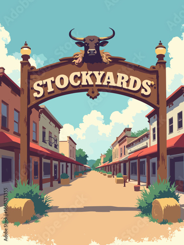 Fort Worth, TX – Stockyards brand sign: carved wood beam, iron cattle brand, vintage bulbs, dust-patina finish, hay bale planters