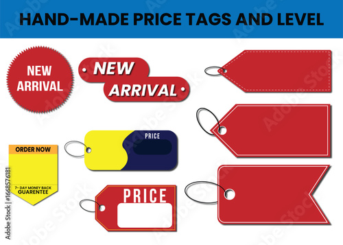 Collection of new arrival and price tags with a spirit level