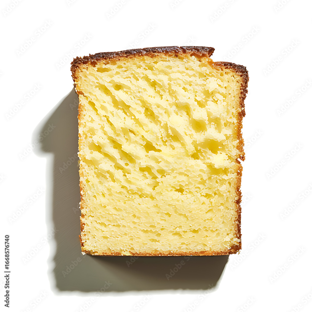 Fototapeta premium A slice of golden pound cake with a dense, moist texture and a slightly browned crust.