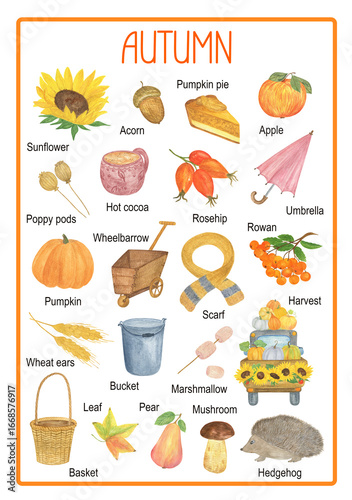 Autumn season topical English language vocabulary poster for educational purposes, pre-school, leisure activity, teacher resources illustration with fall theme clipart pumpkin, harvest, basket, plants