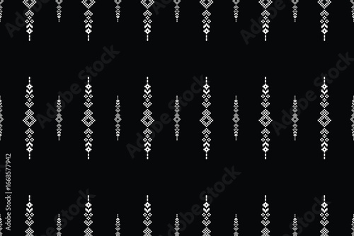 Traditional ethnic motifs ikat geometric fabric pattern cross stitch.Ikat embroidery Ethnic oriental Pixel black background.Abstract,vector,illustration. Texture,scarf,decoration,wallpaper.