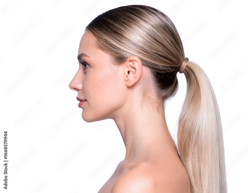 Naklejka premium Beautiful white girl side view with a ponytail hair isolated on a transparent background.
