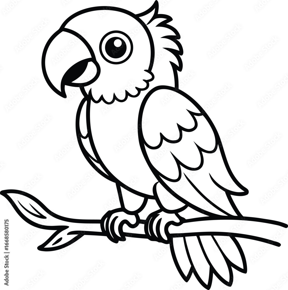 Fototapeta premium Cartoon Parrot Perched on a Branch, an Adorable Black and White Line Art Illustration Ready to be Colored