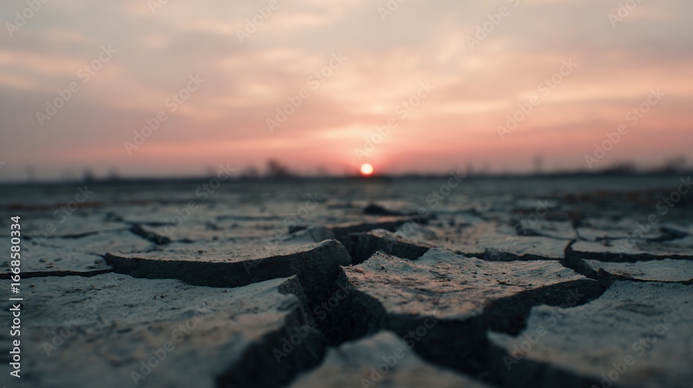 Obraz premium Cracked earth leading to hazy horizon, sunset glowing
