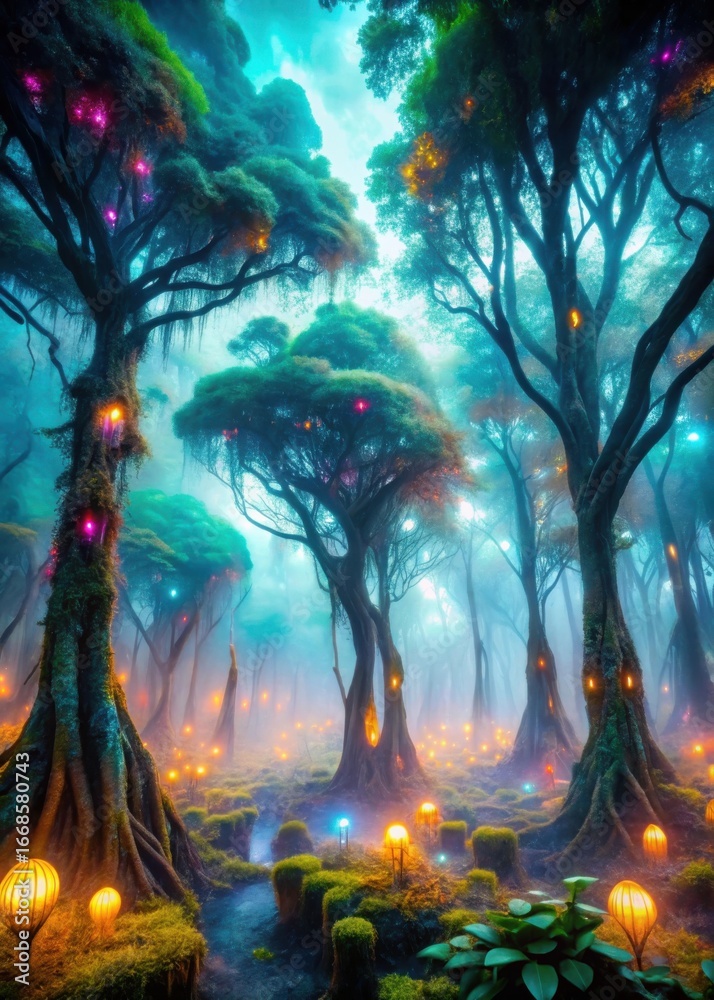 Obraz premium Photo of enchanted forest with glowing lights and mystical trees, a magical fantasy landscape with vibrant colors and a dreamy atmosphere