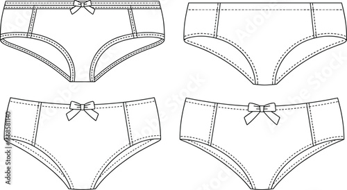 =Technical flat sketch of women’s bikini underwear set with bow detail and seam lines, front and back view for lingerie design.