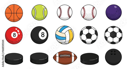 Vector illustration of collection of various sports balls and equipment