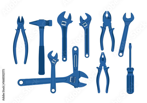 Vector illustration of collection of blue tools