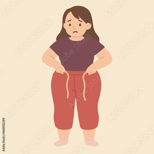 Young woman looking concerned while holding oversized pants  