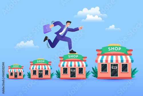 Ambitious entrepreneur character stepping up on retail stores. A metaphor for career progress, business development, and achieving goals.