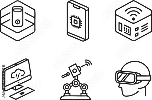 3D augmented reality line art vector icon set. Technology and Digital flat black outline icons for Web and App. Editable illustration linear