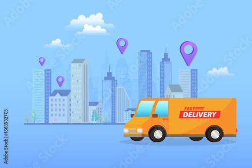 A fast delivery truck driving in an urban cityscape for e-commerce shipping. A flat design concept illustrating a transportation service for package distribution and order fulfillment.