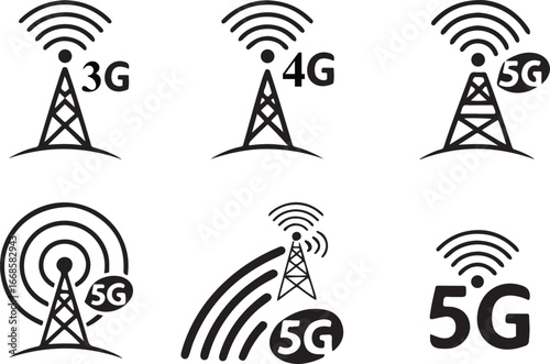 3G, 4G, 5G internet network tower flat vector line art outline icons set