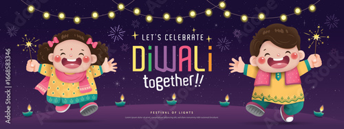 Happy Diwali poster with a cute little Indian girl celebrating Diwali festival.
