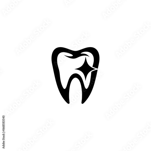 Single Line Art Tooth with Sparkle – Minimal Outline Dental Care Icon, Oral Hygiene and Dentist Vector Illustration