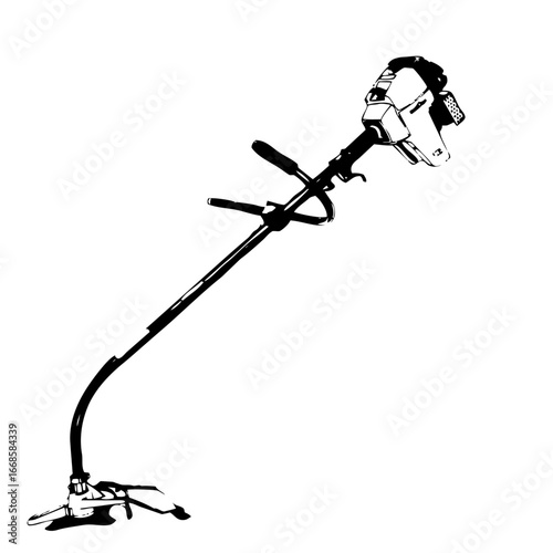 Hand-drawn vector illustration of a weed wacker, a professional power tool and string trimmer for landscaping and lawn maintenance